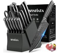 Ensemble de couteaux de cuisine 17 pièces avec bloc | Acier inoxydable, revêtement titane, couleur gris | Contient : couteaux de cuisine, couteaux Santoku, couteaux à steak, couteaux à pain, couteaux