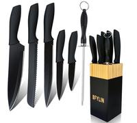 Ensemble de couteaux de cuisine 7 pièces avec bloc en bois, revêtement antiadhésif, couteau de chef, couteau à pain, couteau à éplucher, et aiguiseur