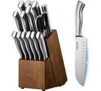 Ensemble de couteaux de cuisine avec bloc et aiguiseur, 15 pièces, acier inoxydable allemand à haute teneur en carbone, ensemble de couteaux tranchants, couverts de cuisine avec manche ergonomique, ti