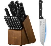 Ensemble de couteaux de cuisine avec bloc et aiguiseur, ensemble de 15 couteaux allemands en acier inoxydable à haute teneur en carbone, couverts de cuisine avec manche ergonomique en ABS, tige d'affû