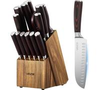 Ensemble de couteaux de cuisine avec bloc et aiguiseur, ensemble de 15 couteaux en acier inoxydable à haute teneur en carbone, couverts de cuisine résistants à la rouille avec manche ergonomique, tige