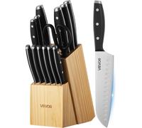 Ensemble de couteaux de cuisine avec bloc et aiguiseur, ensemble de 15 couteaux tranchants en acier inoxydable à haute teneur en carbone, couverts de cuisine avec manche ergonomique, tige d'affûtage e