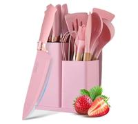 Ensemble de couteaux de cuisine de 19 pièces avec bloc, couleur rose, comprenant 6 couteaux et 11 spatules