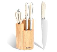 Ensemble de couteaux en acier inoxydable, 7 pièces, comprenant : couteau de chef, couteau Santoku, couteau à pain, ciseaux de cuisine, présentés dans un bloc. Couleur : blanc