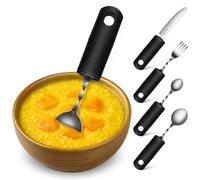 Ensemble de Couverts Anti-tremblement 4 Pièces, Acier Inoxydable | Fourche, Couteau, Poignée Texturée en Plastique et Caoutchouc, Petite Cuillère, Grosse Cuillère, Argenté Noir