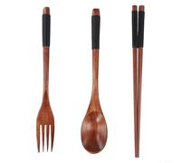 Ensemble de couverts portables en bois comprenant cuillère, fourchette, baguettes - Couverts en bois naturel robuste pour salle à manger en plein air - Kit de voyage 3 pièces Rouge/marron