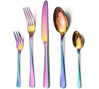 Ensemble de couverts pour 6 personnes, 30 pièces, en acier inoxydable, finition miroir, motif arc-en-ciel, compatible lave-vaisselle