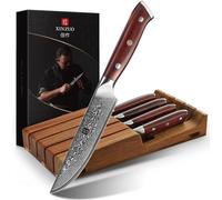 Ensemble de couverts pour steak composé de 5 pièces, en acier damas, avec un support pour couteaux en bois d'acacia et des manches en bois de rose