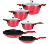 Ensemble de Cuisine 10 Pièces 3 Marmites/2 Poêles/1 Casserole Revêtu en Marbre Rouge