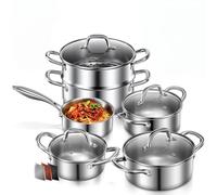 Ensemble de cuisine 10 pièces en acier inoxydable 304, avec insert vapeur, couvercle en verre, compatible induction, couleur argent