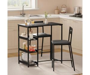 Ensemble de cuisine 3 pièces - Table à manger avec 2 chaises rembourrées - Étagères - Structure en métal et bois - Pour les petites cuisines et les petits appartements - Noir