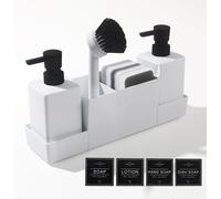 Ensemble de cuisine avec distributeurs de liquide vaisselle et de savon, comprenant un porte-éponge et une brosse, un distributeur de liquide vaisselle blanc, un range-ustensiles de cuisine avec distr
