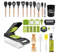 Ensemble de cuisine complet - Coupe-légumes 7-en-1 + 12 Ustensiles silicone & bois + Spray huile + Brosses - Noir & Blanc