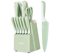 Ensemble de cuisine Messenset, 14 pièces, en acier inoxydable, antiadhésif, de couleur verte, avec bloc à couteaux et pierre à aiguiser