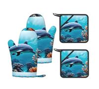 Ensemble de cuisine résistant à la chaleur avec boucle de suspension pour pâtisserie et barbecue Motif dauphins du monde sous-marin
