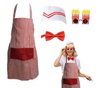 Ensemble de cuisine vintage pour femme - 1 tablier rayé rouge et blanc avec 2 poches, 1 toque de chef, 1 nœud papillon rouge ajustable, 1 paire de lunettes à popcorn - Idéal pour les fêtes, les j