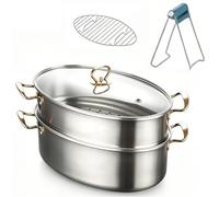 Ensemble de Cuisson Vapeur Ovale en Acier Inoxydable pour Poisson, Qualité SupéRieure et Robuste, Comprenant Une Casserole, Un Couvercle en Verre Ventilé (Argenté)(Second Floor)