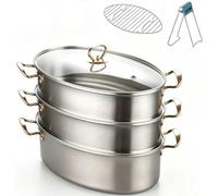 Ensemble de Cuisson Vapeur pour Poisson en Acier Inoxydable avec Couvercle en Verre, Grille, Casserole en CéRamique, Mandrin, Ustensiles de Cuisine Multifonctions(Third Floor)