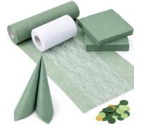 Ensemble de décoration de Table pour Communion et Confirmation, Vert Eucalyptus et Blanc, Chemin de Table 30 cm x 25 m, Ruban en Dentelle 15 cm x 22 m, 40 Serviettes, 100 confettis pour la décoration