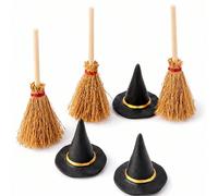 Ensemble de décoration Halloween Mini Balai de Sorcière en Paille & Chapeau de Sorcière Noir, Convient pour Table de Fête, Maison Hantée, Chambre Gothique, Couronne, Manteau de Cheminée, Plateau à Éta