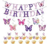 Ensemble de Décorations d'anniversaire Papillon, Bannière "Happy Birthday", Spirales Papillons Suspendues et Décorations pour Cupcakes, Papillon Violet Décoration de Fête pour Femmes et Filles