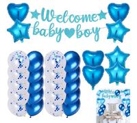 Ensemble de décorations de bienvenue pour bébé garçon - Kit guirlande de ballons bleus avec bannière, ballons en aluminium cœur et étoile, ballons confettis et ruban pour fête de garçon et baptême