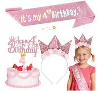 Ensemble de décorations de fête d'anniversaire pour filles, bandeau rose avec écharpe à paillettes, décoration de gâteau et bougie, couronne de fleurs pour décorations de fête de princesse, accessoire