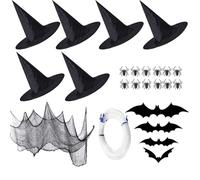Ensemble de décorations de Halloween - 6 Chapeaux de Sorcière Noirs 30m de Fil de Pêche Tissu Décoratif Autocollants de Chauves-Souris 3D Araignées Plastiques (12 pcs) - Accessoires