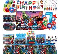 Ensemble de décorations pour fête d'anniversaire Marvel Avengers, gobelets, assiettes, ballons super-héros, sacs cadeaux, bannière joyeuse, fournitures pour enfants, cadeaux pour garçons 52Pcs Set