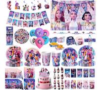 Ensemble de décorations pour fête d'anniversaire sur le thème des filles, ballons, vaisselle, gobelets, assiettes, serviettes, décoration de gâteau, bannière, sac cadeau, cadeaux et fournitures pour 8