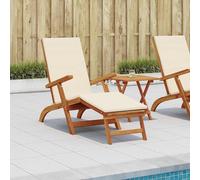 Ensemble de deux chaises longues blanches crème, en bois d'acacia massif, pliables et réglables avec 5 positions, idéales pour la terrasse, la piscine, le balcon et le camping. Design ergonomique, rés