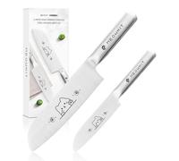 Ensemble de deux couteaux de cuisine comprenant un couteau Santoku et un couteau à légumes, motif chat, en acier inoxydable X50Cr15MoV, avec manches creux