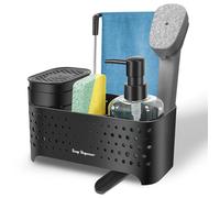 Ensemble de deux distributeurs pour lavabo – Organisateur 5 en 1 avec distributeurs de savon pour les mains et de liquide vaisselle, porte-éponge, porte-brosse et porte-serviette | Peu encombrant (noi