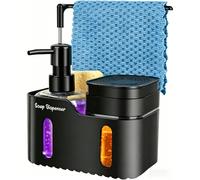 Ensemble de distributeur de savon pour salle de bain et cuisine 4 en 1 avec support d'éponge, porte-chiffon, égouttoir et porte-brosse, organisateur de comptoir rechargeable pour salle de bain et cuis