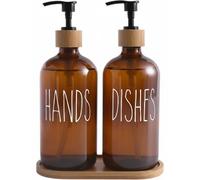 Ensemble de distributeurs de savon, distributeur de liquide vaisselle, distributeur de savon en verre, flacon en verre avec coque en bambou, adapté à la salle de bains, à la cuisine et à la buanderie 