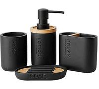 Ensemble de distributeurs de savon en bambou comprenant un porte-brosses à dents et un récipient à savon décoratif – Accessoire de salle de bain en 4 pièces