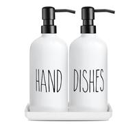 Ensemble De Distributeurs De Savon en Verre Premium : Pack De 2 Distributeurs Savon Liquide avec sous-Plat en Céramique, Capacité 500 ML / 17 Oz, pour Les Mains Et Liquide Vaisselle (Blanc)