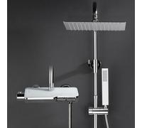 Ensemble de douche à encastrer de la marque Görbach, comprenant une douchette, une robinetterie de douche avec thermostat, une douche de plafond, une douchette à main et une barre de douche, le tout e