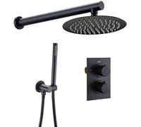 Ensemble de Douche de Salle de Bain en Laiton Robinette de Douche de Pluie Noire Mate Robinet Mural à soupape thermostatique monté sur Le Mur de Douche 8-12 Pouces, soupape Ronde de 10 Pouces (vanne