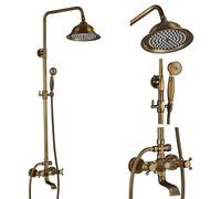 Ensemble de douche pour salle de bain en laiton antique, mitigeur à double poignée, tête de pluie de 20,3 cm avec étagère de rangement pour baignoire et crochets robinet d'eau de type C