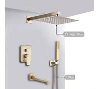 Ensemble de douchette de plafond - Robinet mural encastré - 30,5 cm - Commutation à 3 voies - Pommeau de douche ultra-plat - Mitigeur à un levier - Finition dorée brossée
