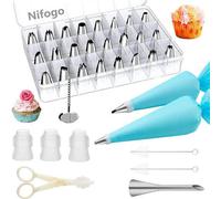 Ensemble de douilles Unyqoos® comprenant 34 pièces : un sac à douille avec 24 douilles en acier inoxydable et 2 douilles en silicone, réutilisables pour les gâteaux, les cupcakes et les éclairs