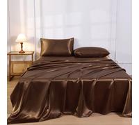 Ensemble de draps de lit en satin soyeux de couleur unie marron café premium 4 pièces, 1 drap-housse & 1 drap plat & 2 taies d'oreiller Ensemble de protection de matelas (inserts d'oreiller non inclus
