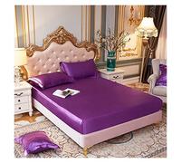 Ensemble De Draps De Lit Reine en Satin Pur De Luxe Draps De Lit Maison Soyeux Haut De Gamme Taie d'oreiller Simple Double Drap-Housse avec Bande Élastique(Zi luo LAN,US Full Size 3 pcs)