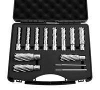 Ensemble de forets à noyau HSS - Coffret 13 pièces - Queue Weldon - Diamètre : 11,11–26,98 mm - Profondeur de coupe : 50,8 mm - 11 forets + 2 pointes de centrage - Livré avec une mallette en plastique