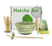 Ensemble de fouets à matcha, 7 pièces kit de poudre de matcha en céramique avec bec verseur, support de fouet fouet et cuillère bambou service à thé japonais pour le petit déjeuner et le latte cadeau