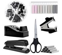 Ensemble de Fournitures de Bureau, Kit Noir de 10 Accessoires de Bureau Comprenant une Agrafeuse des Agrafes un Arrache-agrafes un Distributeur un Cutter des Trombones et des Notes Adhésives noires