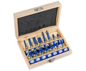 Ensemble de fraises à bois S&R, HM, 15 pièces, fraises pour mandrin de 8 mm, coffret en bois, acier à outils forgé, plaquettes de coupe en carbure de tungstène, fraises pour toupie dans un coffret en 