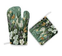 Ensemble de gants de cuisine et maniques avec fleurs et papillons sur fond vert - Gants de cuisine et maniques pour cuisine, grillades - Essentiels d'appartement