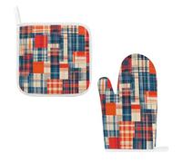 Ensemble de gants de cuisine et maniques - Motif patchwork à carreaux imprimés résistants à la chaleur et manique durable pour la cuisine, la pâtisserie, la cuisine et le barbecue